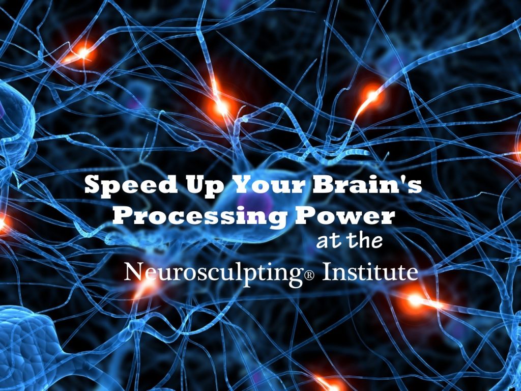 A digitally illustrated image of glowing and connected neurons with blue and orange highlights. Overlaid text reads: "Speed Up Your Brain Processing at the Neurosculpting® Institute.