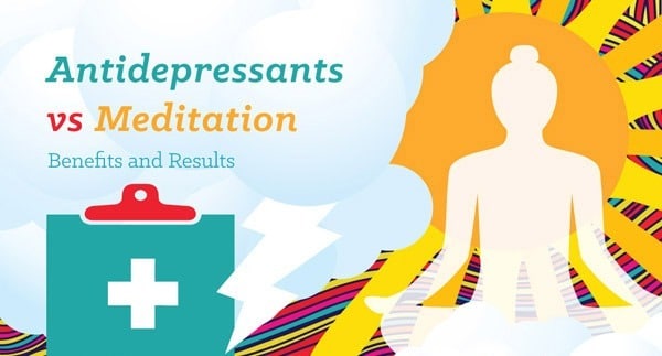 Illustration comparing mental health approaches: antidepressants vs. meditation. Text reads "Antidepressants vs Meditation: Benefits and Results." Features a pill bottle with a cross and a meditating figure surrounded by colorful patterns, highlighting different paths to wellness.