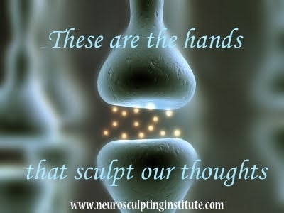 Illustration of a synapse with electrical signals in a plastic neuronal connection, overlaid with the text, "These are the hands that sculpt our thoughts." The bottom text reads "www.neurosculptinginstitute.com.