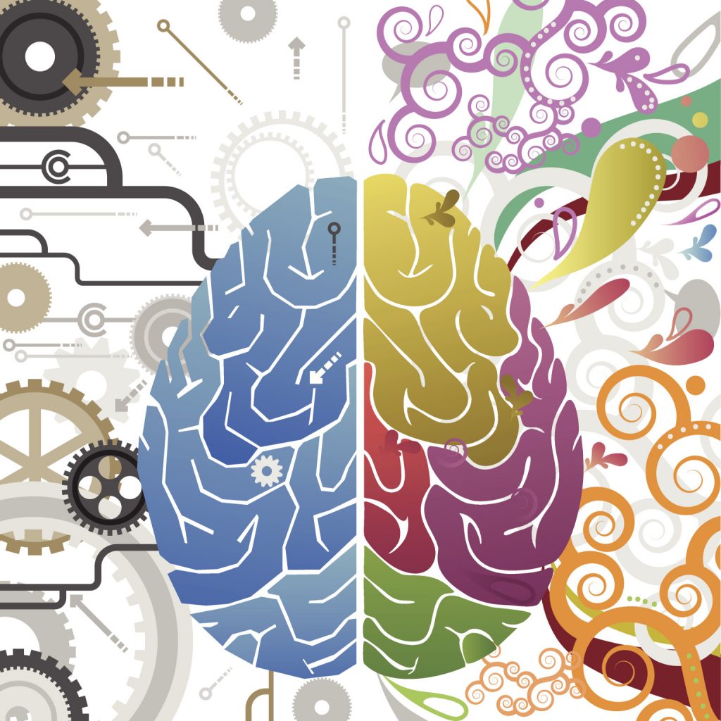 Illustration of a brain split into two sides: The left side is mechanical with gears and circuits, symbolizing logic. The right side bursts with creativity, where a tie-dyed wizard dances amid colorful swirls and shapes, infusing artistic magic into the scene.
