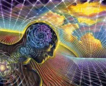 A digital artwork by Shanti Medina depicts a human figure with a complex, glowing brain design. The background features vibrant, abstract patterns and waves, suggesting a cosmic or psychedelic theme that promotes brain training and helps mitigate stress. Warm yellows, purples, and blues color the scene.