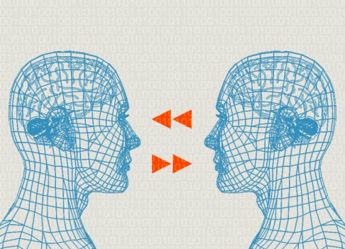 Two blue wireframe human heads facing each other, with brain outlines visible, suggest a meeting of minds. Three orange arrows indicate communication or connection between these important figures. The background features faint binary code, hinting at the digital network that binds our digital selves.