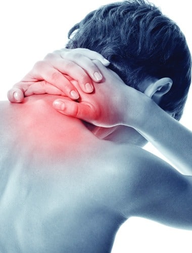 A person holds their neck and shoulder, a red area signaling discomfort, as they seek effective pain management. The individual's head bows slightly forward against a white background, highlighting the quest to improve life.