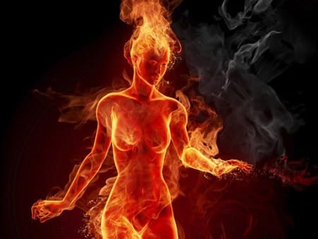 A fiery silhouette of a person made from flames, standing against a dark background, embodies the essence of resurrection. The figure is engulfed in swirling orange and red fire, creating an intense and dynamic visual effect.