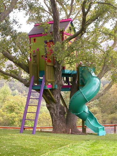 A colorful treehouse nestled among branches, featuring a bright purple ladder and a green spiral slide, complements the lively playground. Painted in vibrant shades of green and purple, it sits in a lush grassy area surrounded by trees, offering an oasis for play or meditation.
