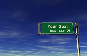 A green highway sign against a clear blue sky reads "Your Goal Next Exit," symbolizing the importance of setting goals, with an arrow pointing right.