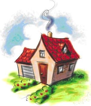 Illustrated home with a red roof and a chimney emitting smoke. The house, reminiscent of Michelle Lee's charming style, has a wooden door and a garage. It's surrounded by green grass and small bushes under a blue sky with clouds.