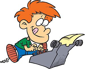 A cartoon character with orange hair and a green shirt is excitedly typing alongside Co-Author Susan Aplin Pogue. Papers are flying out as they type energetically, each sheet showing their creative collaboration. The character's expression is focused and happy.