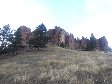 Rocky outcrops protrude from a grassy slope, with sparse trees scattered across the landscape. The sky is overcast, casting a soft light on the rugged terrain, offering a unique perspective reminiscent of Cynthia Beard's serene artistry.