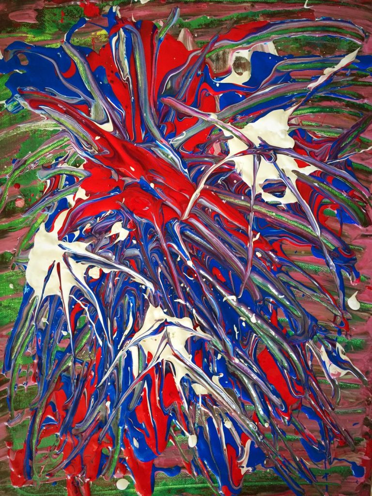 Abstract painting with bold, swirling strokes of red, blue, and white over a textured green and purple background. Reminiscent of Victor's dynamic style, the lines and shapes create a sense of movement and vibrant energy.