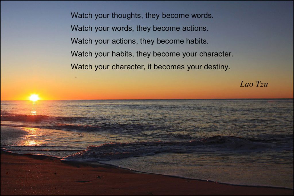 Sunset over a calm beach with an orange sky. Text overlay reads: "Watch your thoughts, they become words. Watch your words, they become actions. Watch your actions, they become habits. Watch your habits, they transform your life." - Shanti Medina. Embrace gratitude as you shape your destiny.