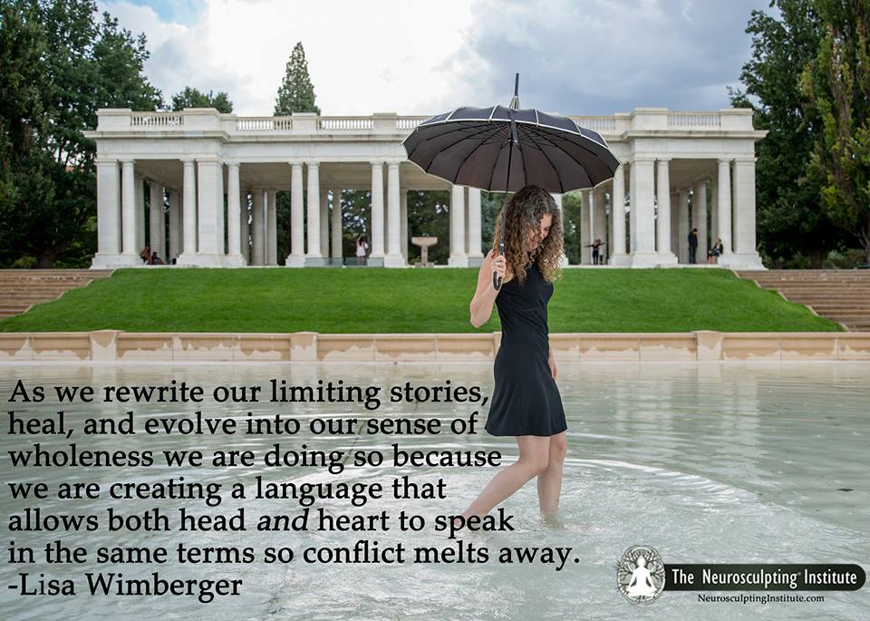 A person with curly hair, holding an umbrella, stands in a shallow pool before a white, columned structure. A quote about healing and communication by Lisa Wimberger is overlaid, highlighting the power of brain training. The Neurosculpting Institute logo graces the bottom right corner.