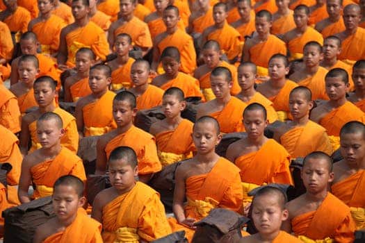 A large group of young monks sit in rows, wearing orange robes and shaved heads, meditating together. They are seated closely in a serene, attentive posture, creating a peaceful atmosphere in what appears to be an outdoor setting or spacious hall.