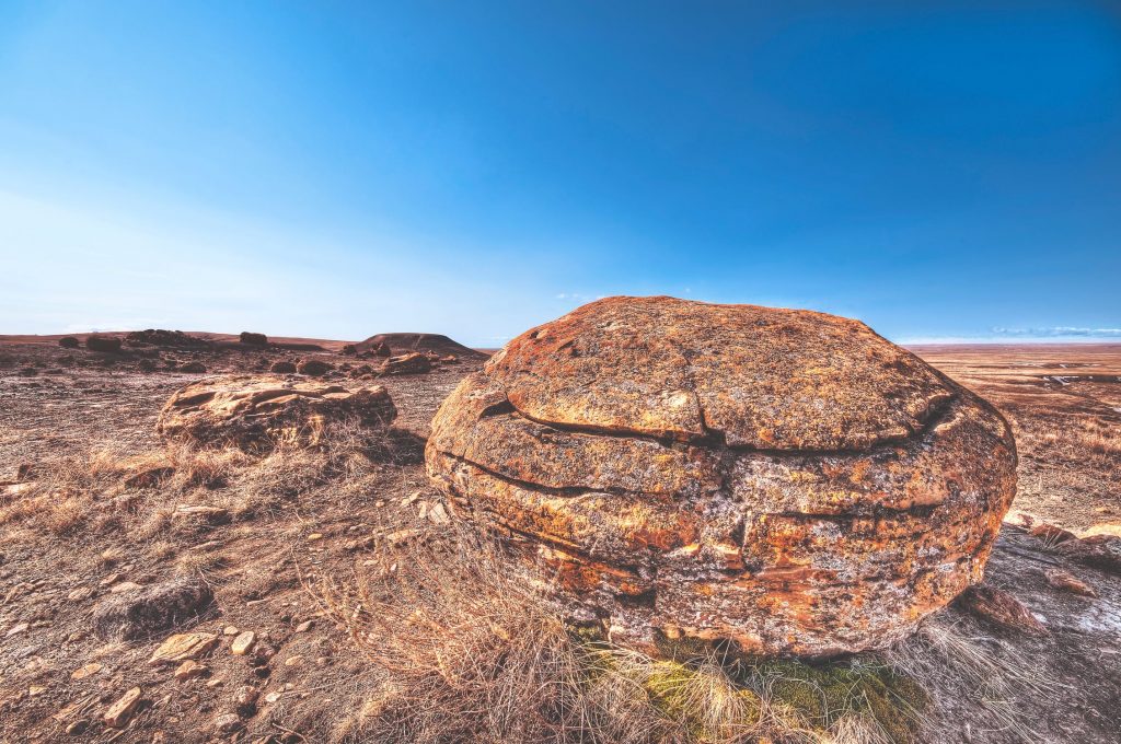 Amidst the vast, sunlit landscape, a large spherical rock anchors the foreground, resembling a realm where Neurosculpting meets nature. Scattered rocks and dry grassland stretch under a clear blue sky toward the horizon, evoking openness and desolation in this tranquil terrain.