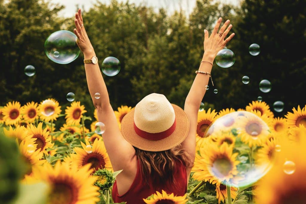A person wearing a straw hat and a red top stands in a sunflower field with arms raised, embodying the essence of "Director of My Life." Soap bubbles float around, while leafy green trees frame the clear sky.