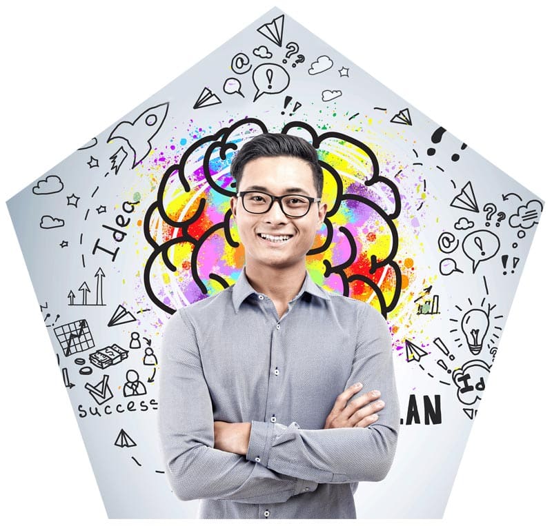A smiling person in glasses and a gray shirt stands with arms crossed, exuding personal power. Behind them, a colorful brain illustration with doodles of ideas, light bulbs, paper airplanes, and charts fills the background, suggesting creativity and planning intertwined with a focused mindset.
