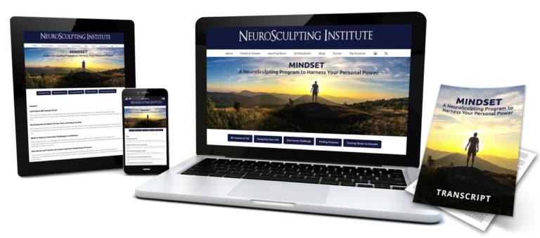 A laptop, tablet, and smartphone display a website for the NeuroSculpting Institute. Nearby, a pamphlet titled "Mindset: A NeuroSculpting Program to Harness Your Personal Power" is shown, capturing the spirit of Monthly 2020 with a figure gazing towards a sunset.
