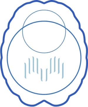 Abstract blue and white logo featuring two stylized hands with parallel lines, forming a cup shape. Above the hands is a circle intersected with a horizontal line, all enclosed in a wavy, shell-like border.