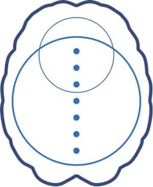 Abstract drawing featuring blue lines forming a scalloped oval outline. Inside are two overlapping circles, one smaller and centered. A vertical line of five blue dots runs through the middle of the circles on a white background.