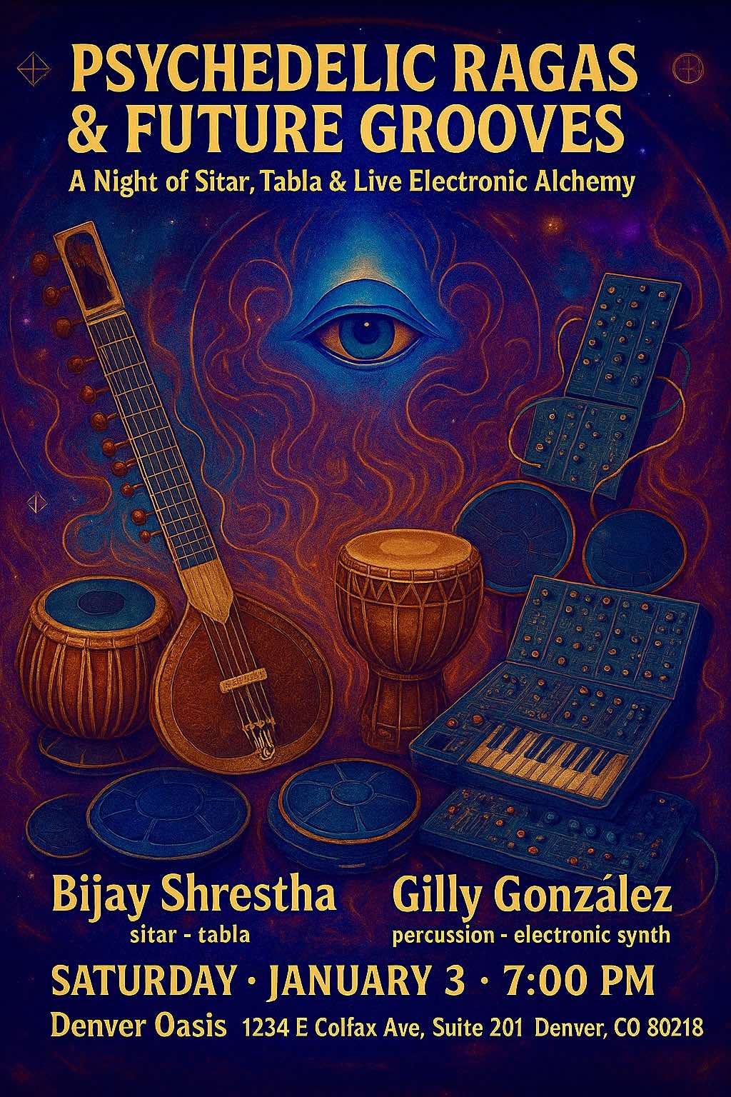 A vibrant poster for "Psychedelic Ragas & Future Grooves" features sitar, tabla, electronic synth, and a cosmic background with swirling waves and a mystical eye. Event details and performers' names highlight the Psychedelic Ragas & Future Grooves theme below.