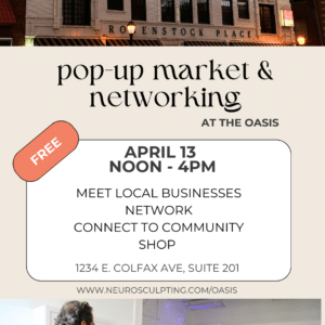 Join us for a vibrant pop-up market at The Oasis! Network against the backdrop of a historic building. Catch the "Support Local" vibe on April 13, from noon to 4 PM, at 1234 E. Colfax Ave, Suite 201. Don't miss this chance to connect and celebrate local talent!.
