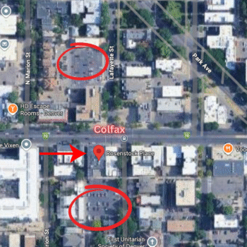 A satellite map shows a section of Colfax Avenue in Denver. Two parking lots are circled in red with an arrow between them. A marker labels "Rosenstock Place," the site of Lisa Wimberger’s upcoming Crystal Bowl Sound Bath event.