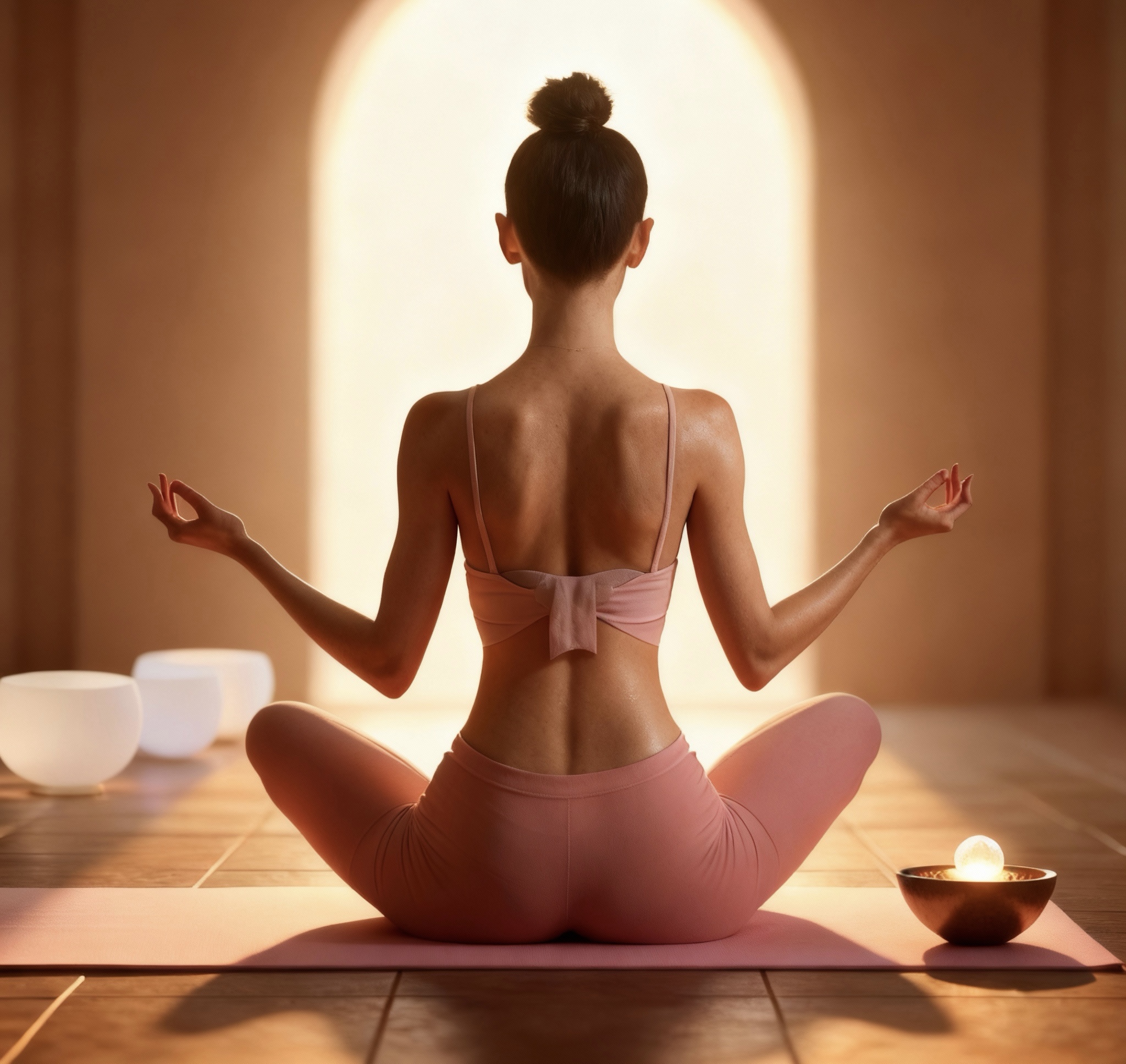 A woman in pink activewear sits cross-legged on a yoga mat, meditating in a sunlit room with a serene oasis yoga atmosphere. Light streams in from an arched window behind her, and healing crystal bowls glow nearby.