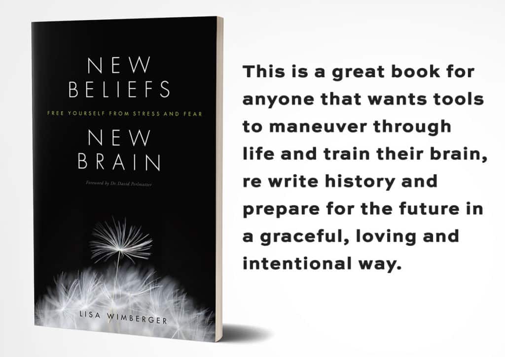 Cover of the book "New Beliefs, New Brain" by Lisa Wimberger. The book image is on the left with dandelions at the bottom. On the right, text describes it as a tool for maneuvering through life, training the brain, and preparing for the future.