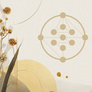 Abstract illustration with beige dried flowers on the left and a geometric diagram resembling the Tree of Life (Kabbalah) on the right, referencing Gene Keys, set against a textured off-white background with yellow circular shapes.