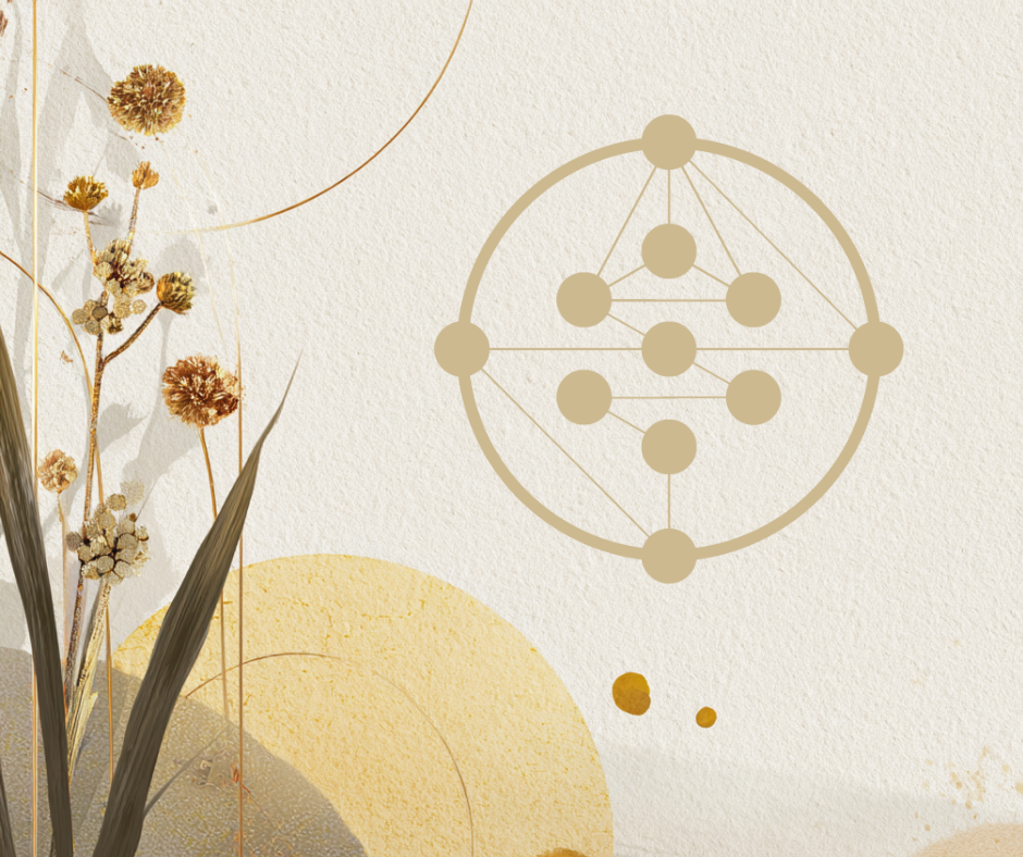 Abstract illustration with beige dried flowers on the left and a geometric diagram resembling the Tree of Life (Kabbalah) on the right, referencing Gene Keys, set against a textured off-white background with yellow circular shapes.