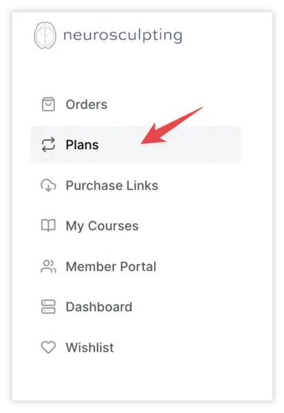 A sidebar menu on the Neurosculpting website shows options: Orders, Plans (highlighted with a red arrow), Purchase Links, My Courses, Member Portal, Dashboard, and Wishlist.
