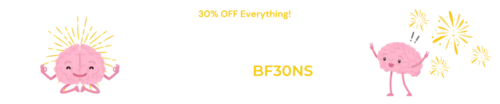 Two cartoon brains with fireworks stand on either side of text reading "Black Friday Sale" with "50% OFF everything!" above and "use code BF2023" below, all highlighted in a bold Primary Header style on a striking black background.