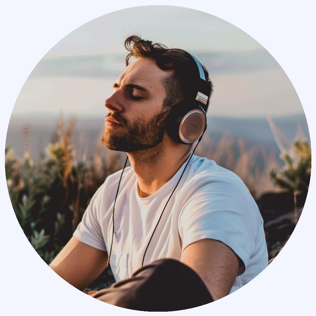 Man with short hair and a beard wearing headphones, eyes closed, meditating outdoors. He's in a white shirt, surrounded by grass or shrubs, with a blurred landscape in the background. The scene is peaceful and bathed in warm light.