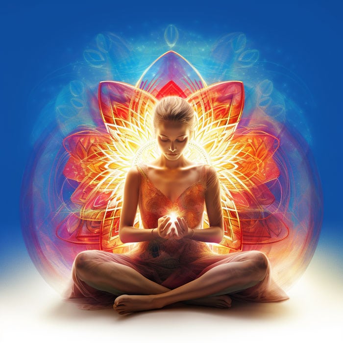 A person sits cross-legged with eyes closed, holding a glowing orb. A vibrant lotus pattern with red, orange, and yellow colors radiates behind them on a blue background, creating a serene and mystical atmosphere.