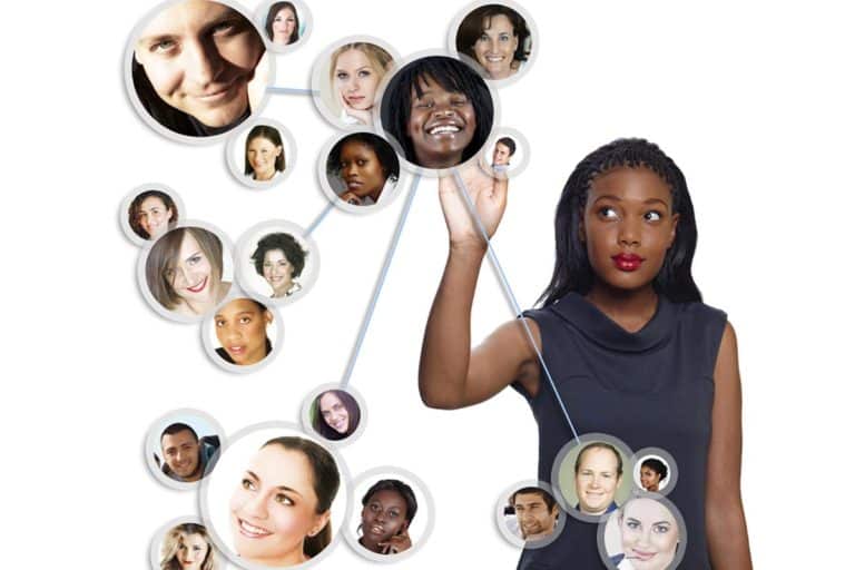 A woman in a black dress interacts with a network of circular portraits, each featuring a different person. The circles are connected by lines, creating a web-like structure on a white background.