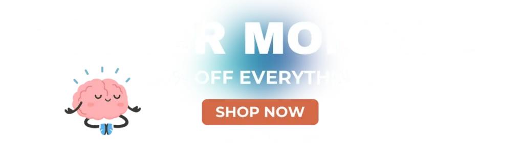 A cute brain cartoon character stands by a blue circular background with large white text partially reading “% OFF EVERYTHING.” An orange button below says “SHOP NOW,” perfect for exploring our Mega Menu deals.