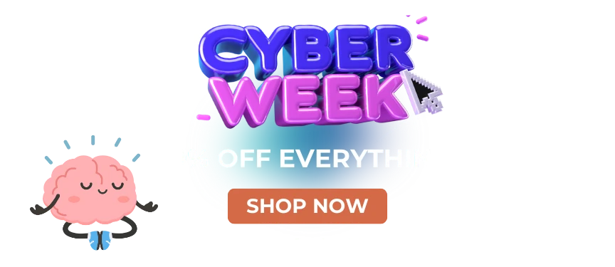 A colorful "Cyber Week" banner featuring blue and purple 3D text with a cursor, partial discount offer, "Shop Now" button, and a smiling cartoon brain on the left—perfect for promoting your Mega Menu deals this season.
