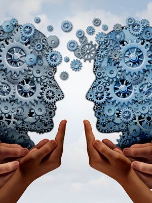 Illustration of two interconnected human profiles made of blue gears facing each other, symbolizing a beginner's learning path. Multiple hands support the profiles from below, emphasizing collaboration and the exchange of ideas against a cloudy sky background.