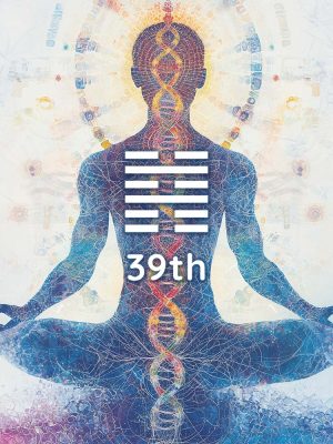 A silhouette of a person meditating with legs crossed, surrounded by colorful abstract patterns. A DNA helix is visible along the spine. In front, a series of lines and the text "39th" are displayed. The background is light and textured.