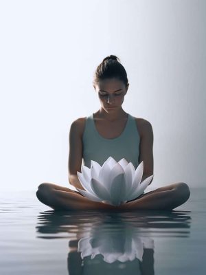A person sits cross-legged on a calm reflective surface, holding a large illuminated lotus flower. Embodying true relaxation, the background is a soft gradient, and the individual appears peaceful and focused, immersed in mindfulness.