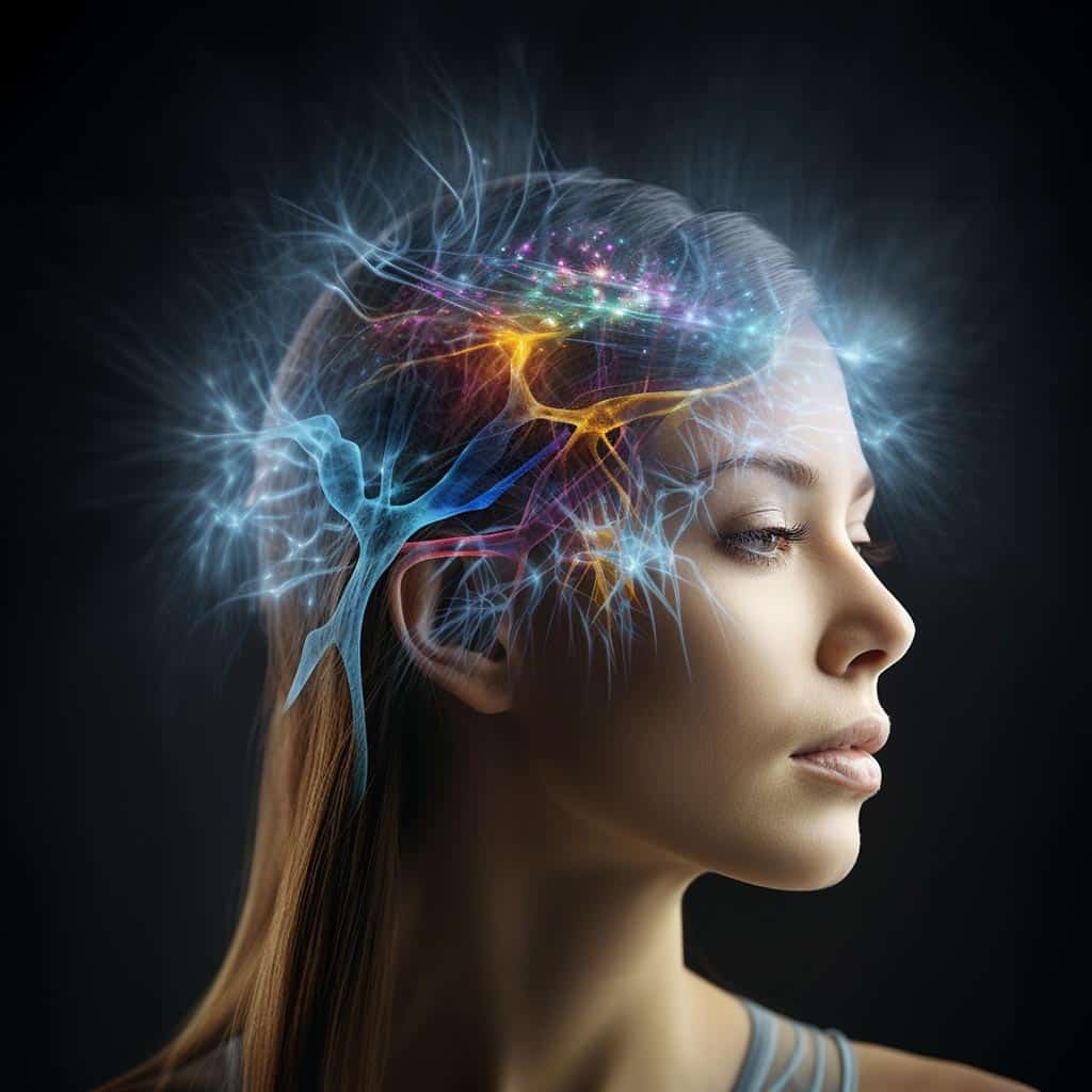 A woman in profile appears deep in meditation, her contemplation visualized with a digital display of neurons and synapses overlaid on her head. Various colors highlight the interconnected neural pathways against a dark background, symbolizing heightened brain activity.