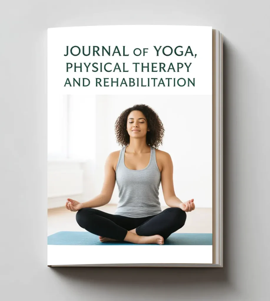 A woman sits cross-legged on a yoga mat in a meditative pose with eyes closed. The book cover reads "Journal of Yoga, Physical Therapy and Rehabilitation," highlighting the latest in academic research.