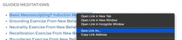 A list of guided meditations is displayed, with the first item, "Basic Neurosculpting® Induction Meditation," highlighted. A context menu shows options like "Open Link in New Tab" and "Save Link As...