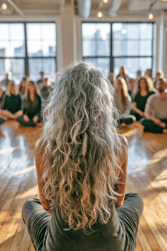 A person with long, curly gray hair sits cross-legged facing a group of people on a wooden floor in a sunlit room with large windows, suggesting a meditation or yoga class.