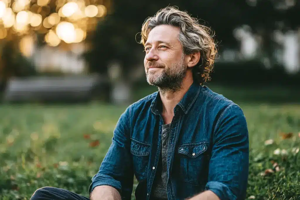 A middle-aged man with wavy gray hair and a beard sits outside on grass, wearing a denim shirt and smiling slightly while looking into the distance on a sunny day.