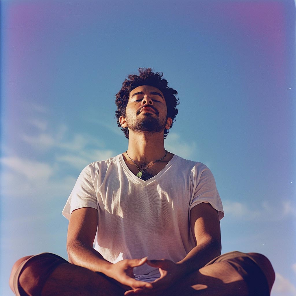 Seated cross-legged in a white shirt and brown pants, the person embodies meditation with eyes closed and a serene expression. The clear sky with few clouds enhances the tranquil atmosphere.