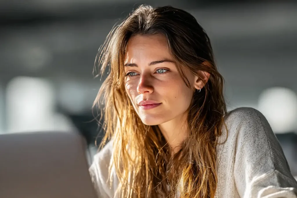 A young woman with long, light brown hair and blue eyes is looking thoughtfully at a laptop screen. She is wearing a light-colored sweater and is seated indoors in soft natural light.