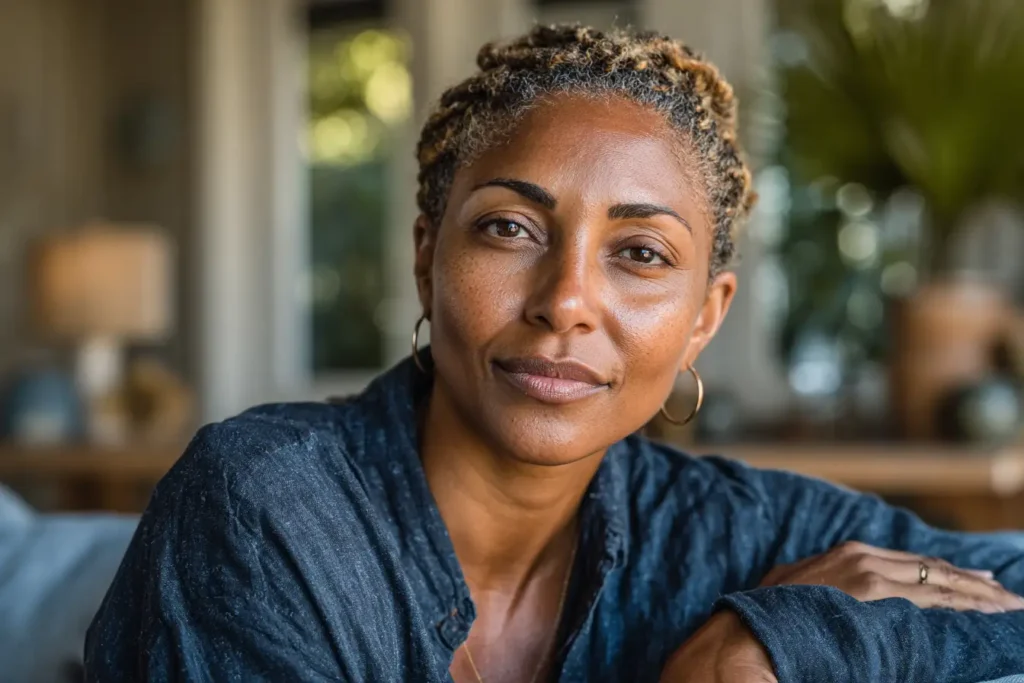 A woman with short curly hair and hoop earrings looks at the camera with a gentle expression, wearing a dark shirt. She is indoors, with a softly blurred background of plants and furniture.