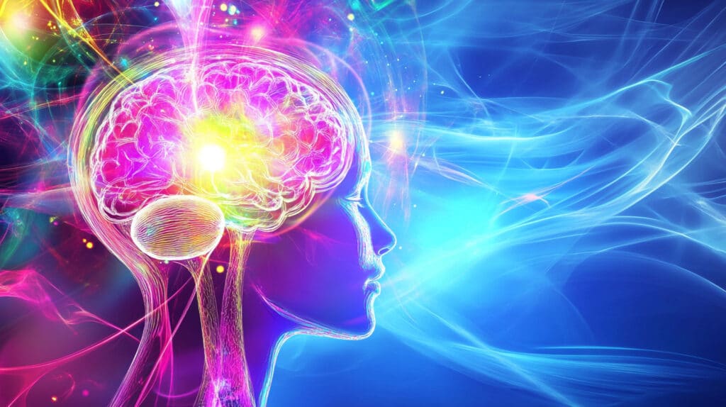 A colorful and vibrant illustration of a human brain inside a transparent head profile. The image depicts neural connections with bright colors like purple, blue, yellow, and pink, conveying a sense of energy and activity.