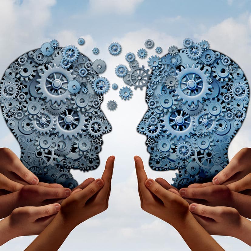 Two human profiles made of interlocking gears face each other against a sky background. Below, multiple hands reach up, supporting the heads. The image symbolizes communication, knowledge exchange, and cooperation—essential elements on any shared learning path.